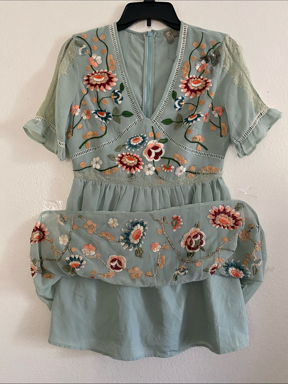 ASOS Embroidered Floral V-Neck Mini Dress in Sage Green. Size 12 - Picture 3 of 11